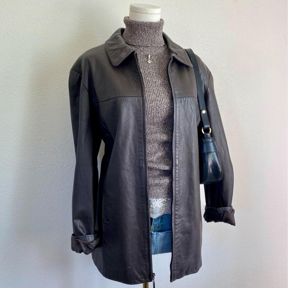 Vintage Y2K Mossimo Brown Oversized Leather Jacket Spread Collar Zip Closure